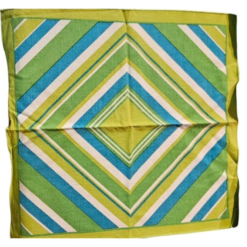 4 Vintage Napkins Green Blue White Geometric Striped Cloth 16x16 Inches Retro